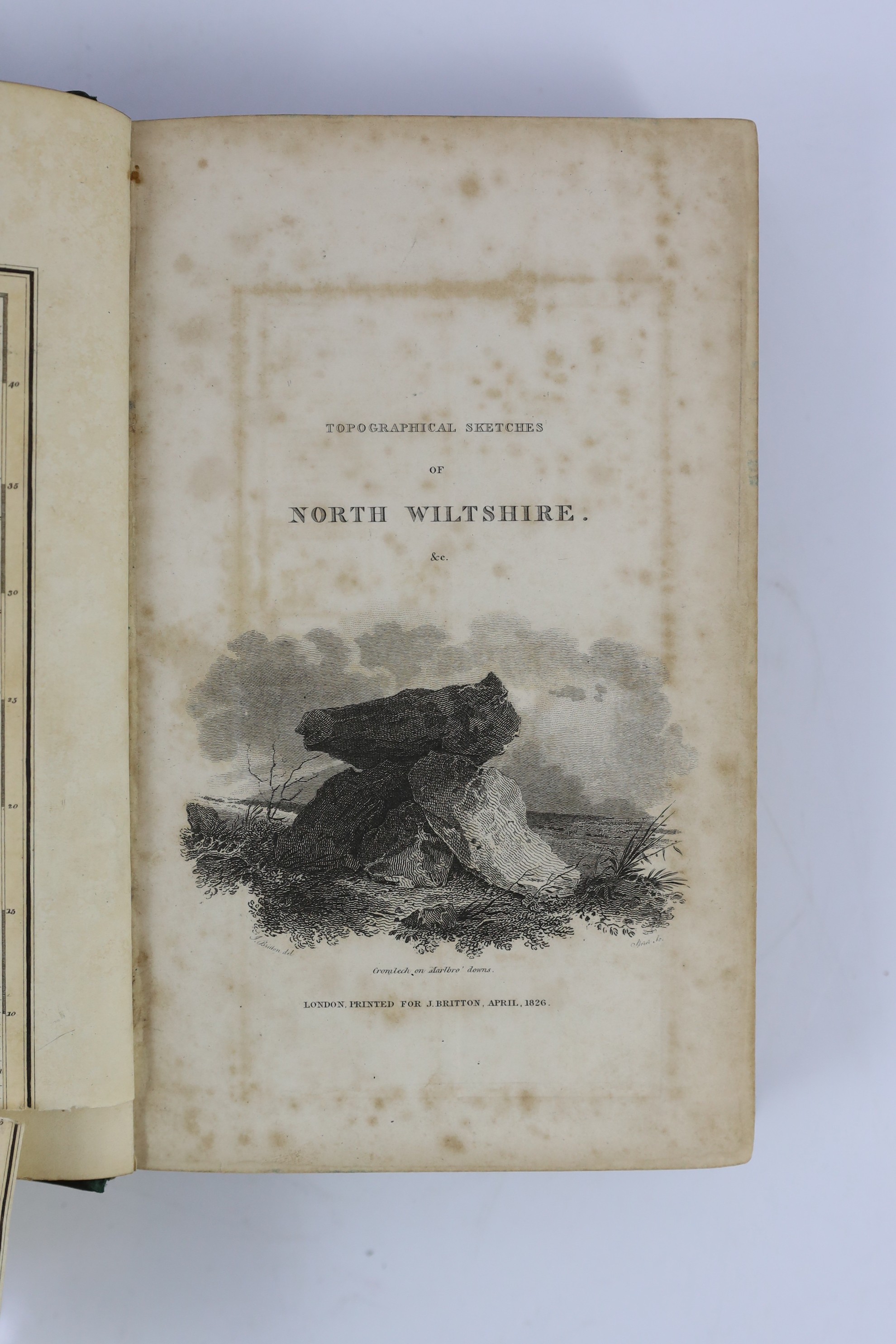 WILTS: (Britton, John) The Beauties of Wiltshire ... interspersed with anecdotes of the arts. 2 vols. engraved pictorial and printed titles, 14 plates; contemp. half calf and marbled boards, gilt-panelled spines and marb